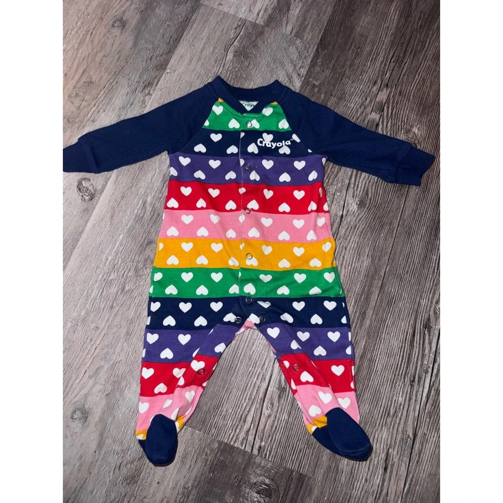 Crayola Baby Rainbow Heart Striped Footed Sleeper Pajamas Navy Blue 3M